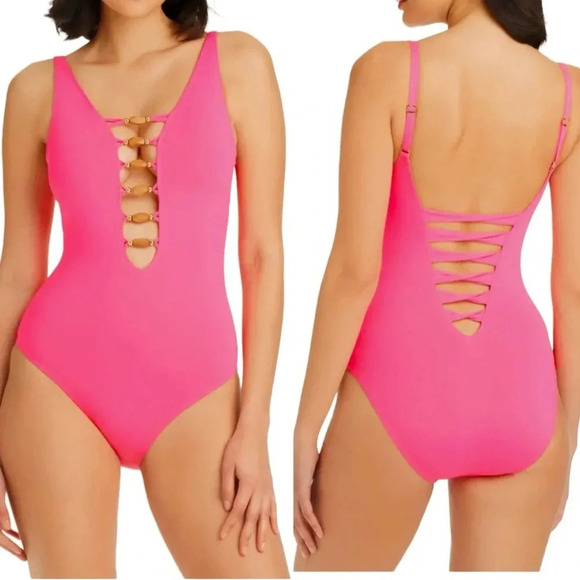 Bleu Rod Beattie Paradise Found Lace Down One Piece Bright Pink Size 4 NWT - Picture 1 of 8
